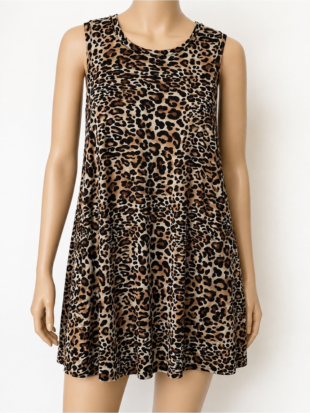 Leopard Print Sleeveless Swing Dress Brown Black Size Large
